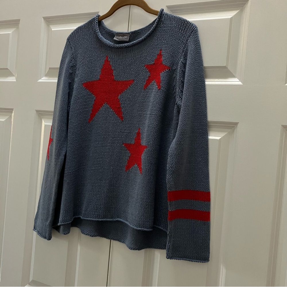 Wooden Ships Stars and Stripes Sweater USA Patriotic Blue Red Cotton Blend M/L - Picture 2 of 6